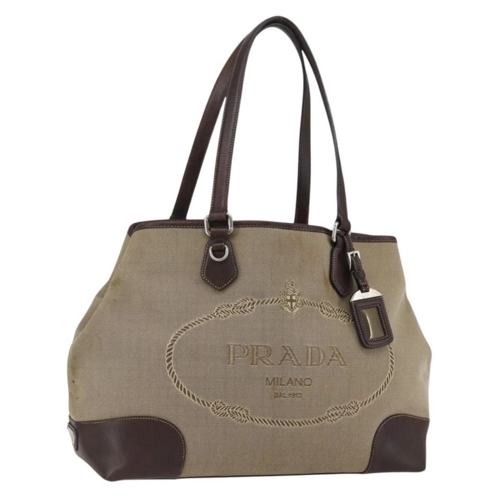 Prada Tote Bag Canvas Beige Silver Auth Ka887